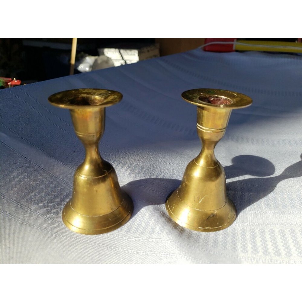 Pair of Vintage 4" Tall Brass Candle Holders / Bells